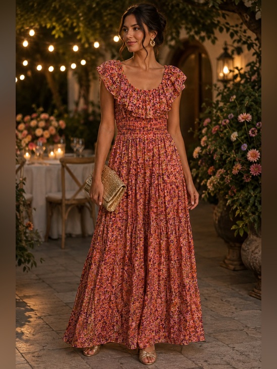 Time Road Dresses & Skirts - Silk Blend Romantic Floral Maxi Dress M Fall Wedding Guest Feminine Ruffle Boho
